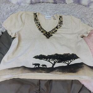 Alfred Dunner Beige Tee with Embellished Neckline